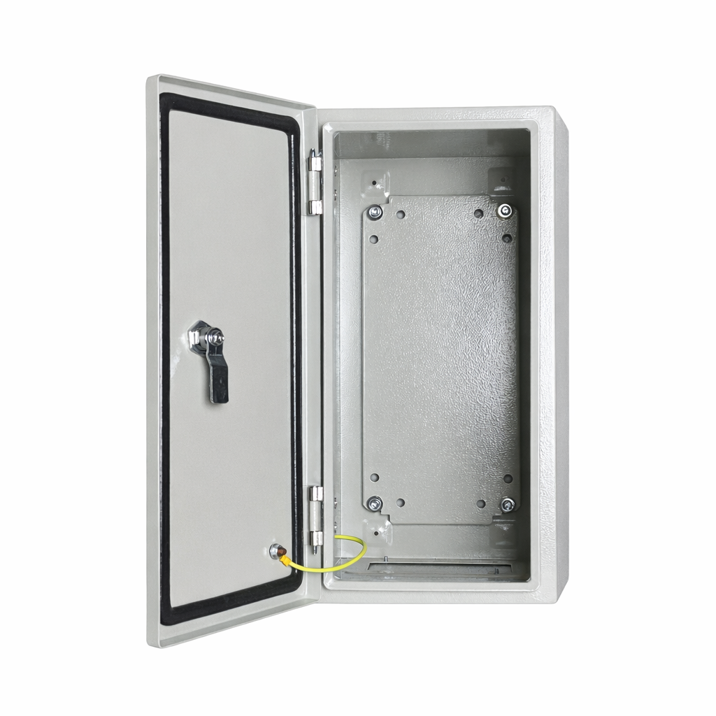 Biig-Energy-Enclosure-BT-GSPC402025-Door.png Box Type Carbon Steel Enclosure Powder Coated Grey 400x200x250(HxWxD) - Image 1